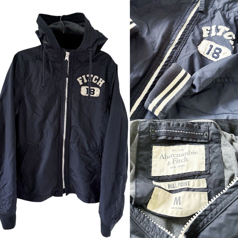 RARE 2000s Abercrombie & Fitch 18 Bull Point Jacket Navy Blue Windbreaker Size M